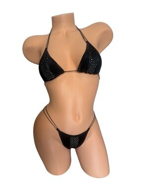 Black Exotic dancer Rhinestone Triangle Bikini Set - stripper Sparkle
